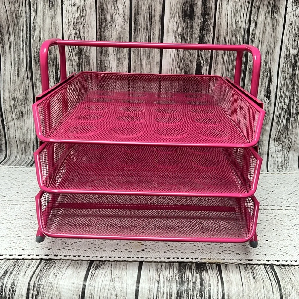 Pink and Gray Mesh Desk Organizer 2 piece set. Organization for papers,pens etc.